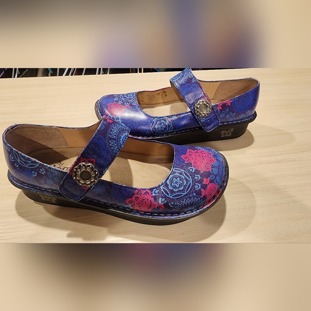 Alegria Maryjanes, blue and pink print.